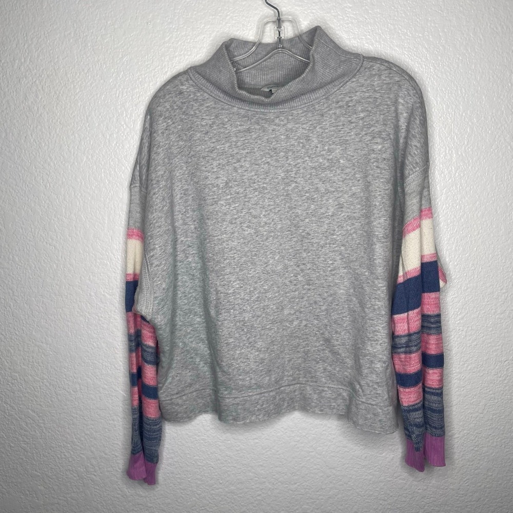 Sundance Mock Neck Sweatshirt Grey Heather Knit Striped Sleeve Cotton Blend S
